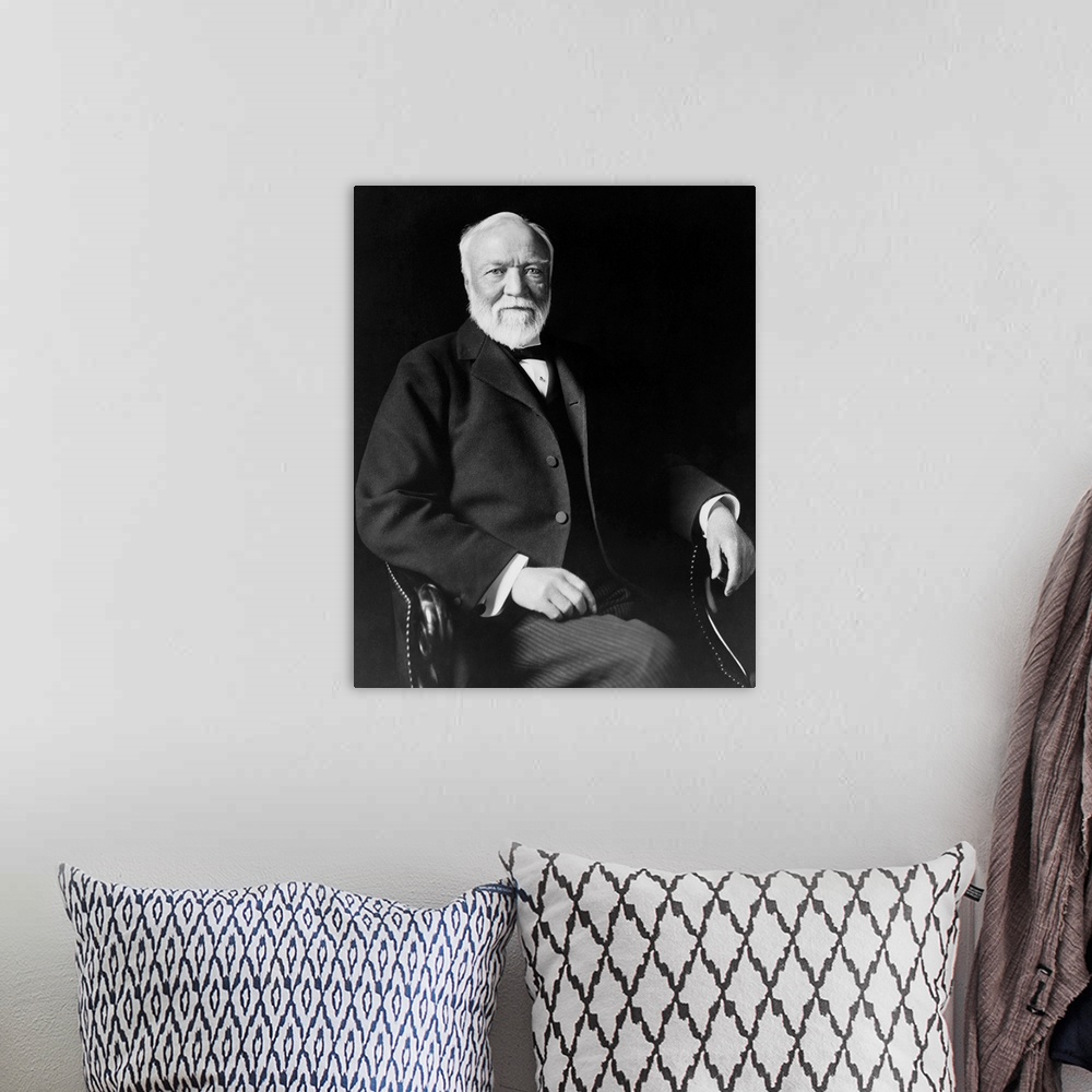 A bohemian room featuring American history portrait of Andrew Carnegie.