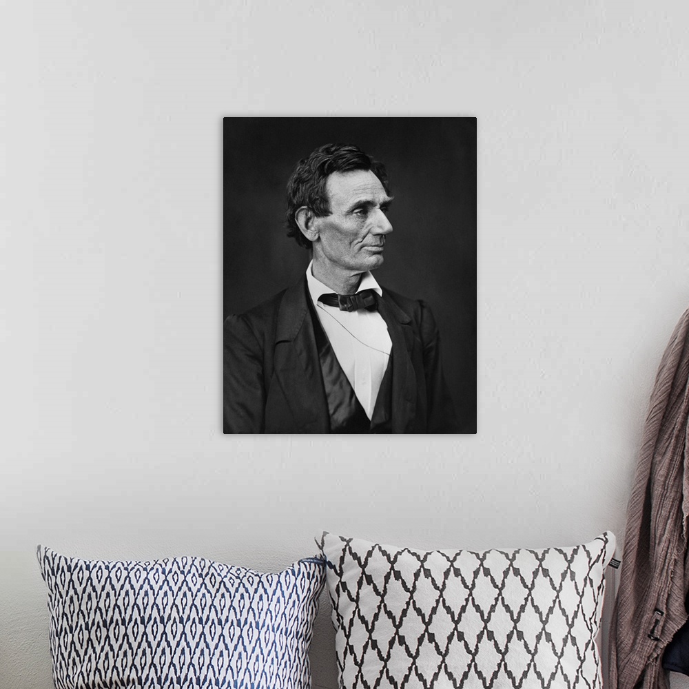 A bohemian room featuring American history portrait of President Abraham Lincoln, dated June 3, 1860.