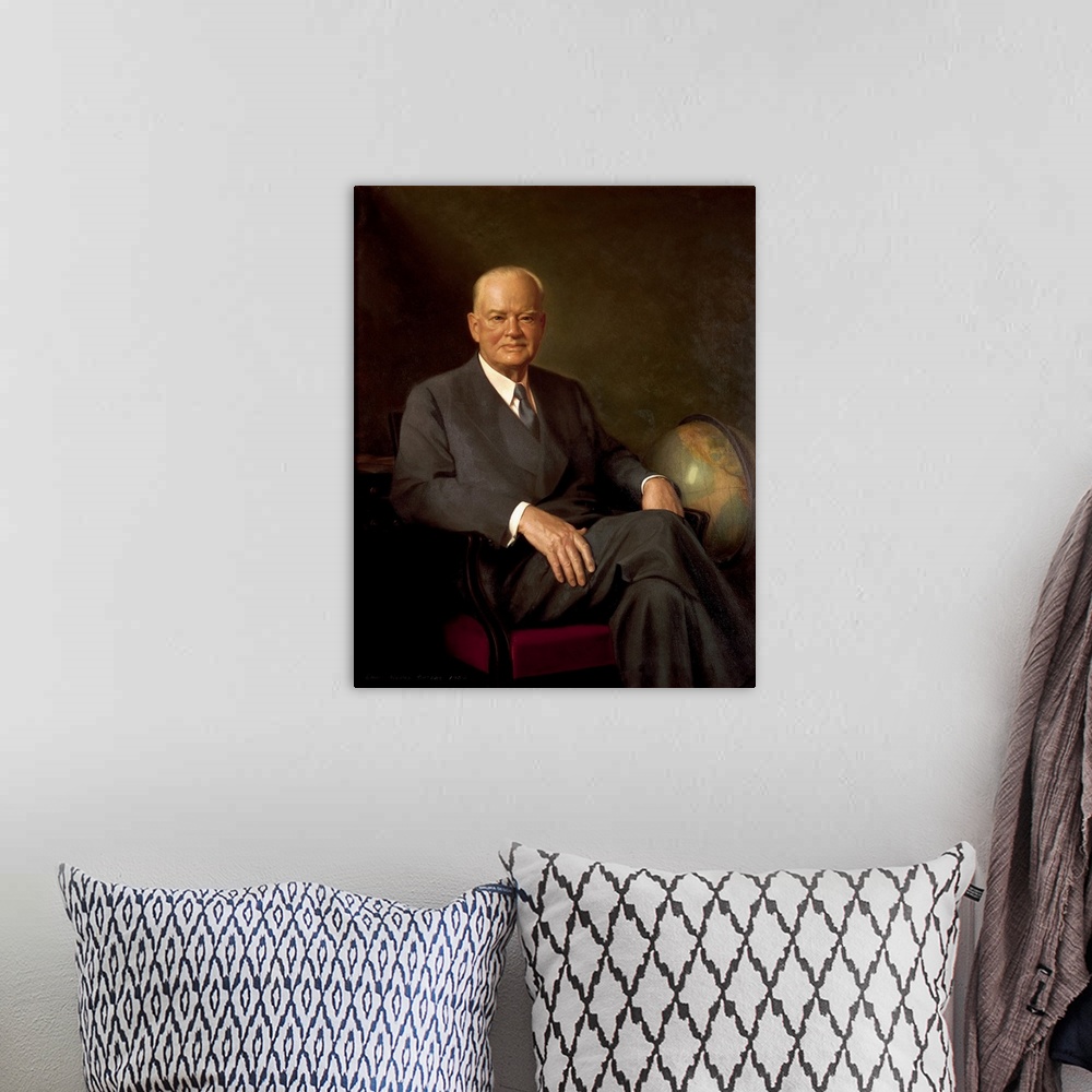 A bohemian room featuring American history portrait of President Herbert Hoover.