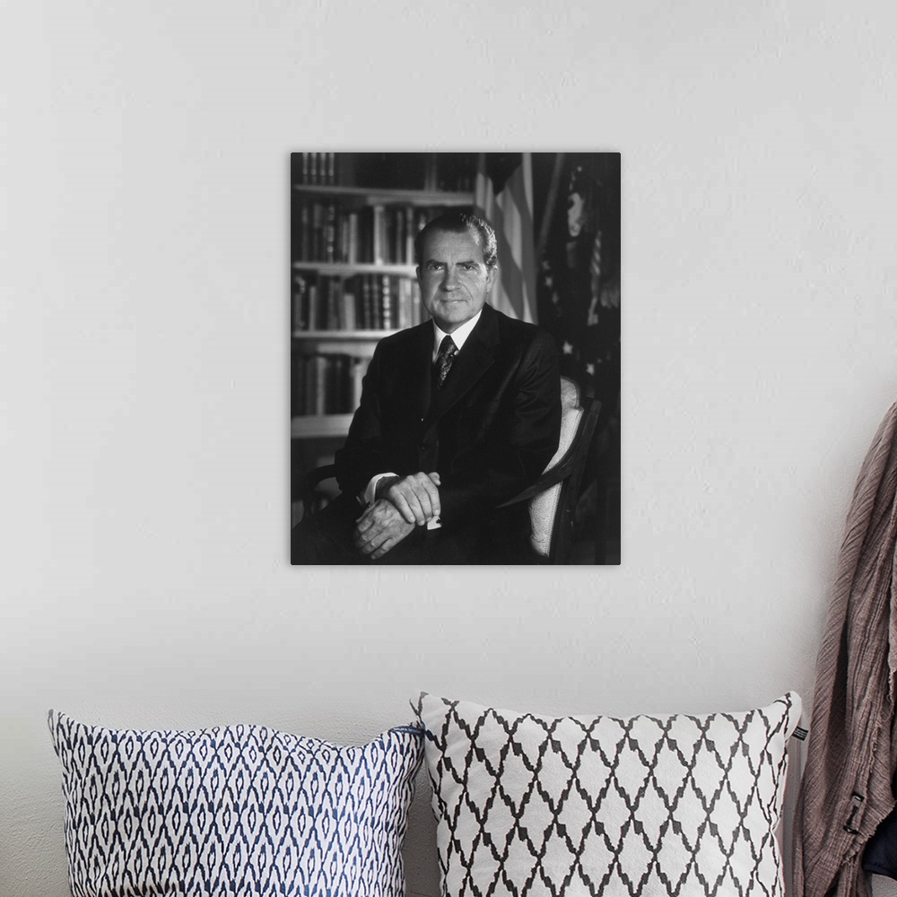 A bohemian room featuring American history portrait of President Richard Nixon.
