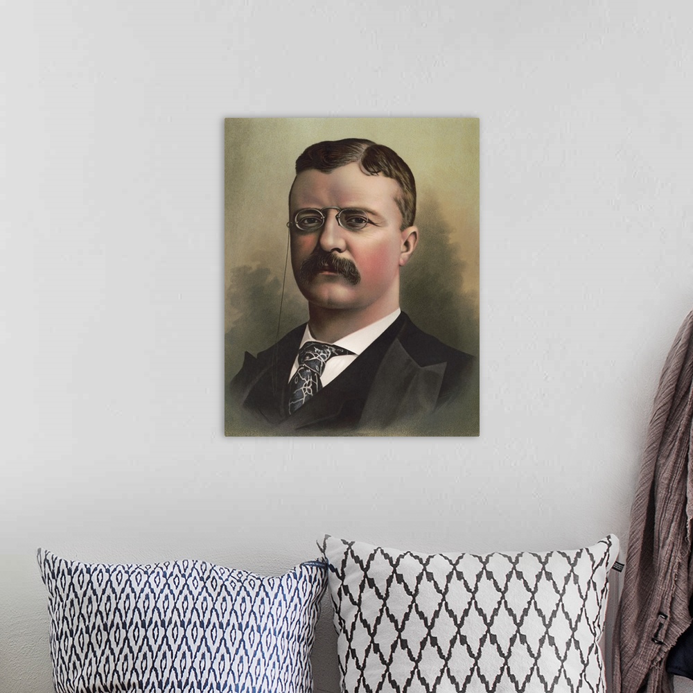A bohemian room featuring American History portrait of the 26th president, Theodore Roosevelt.