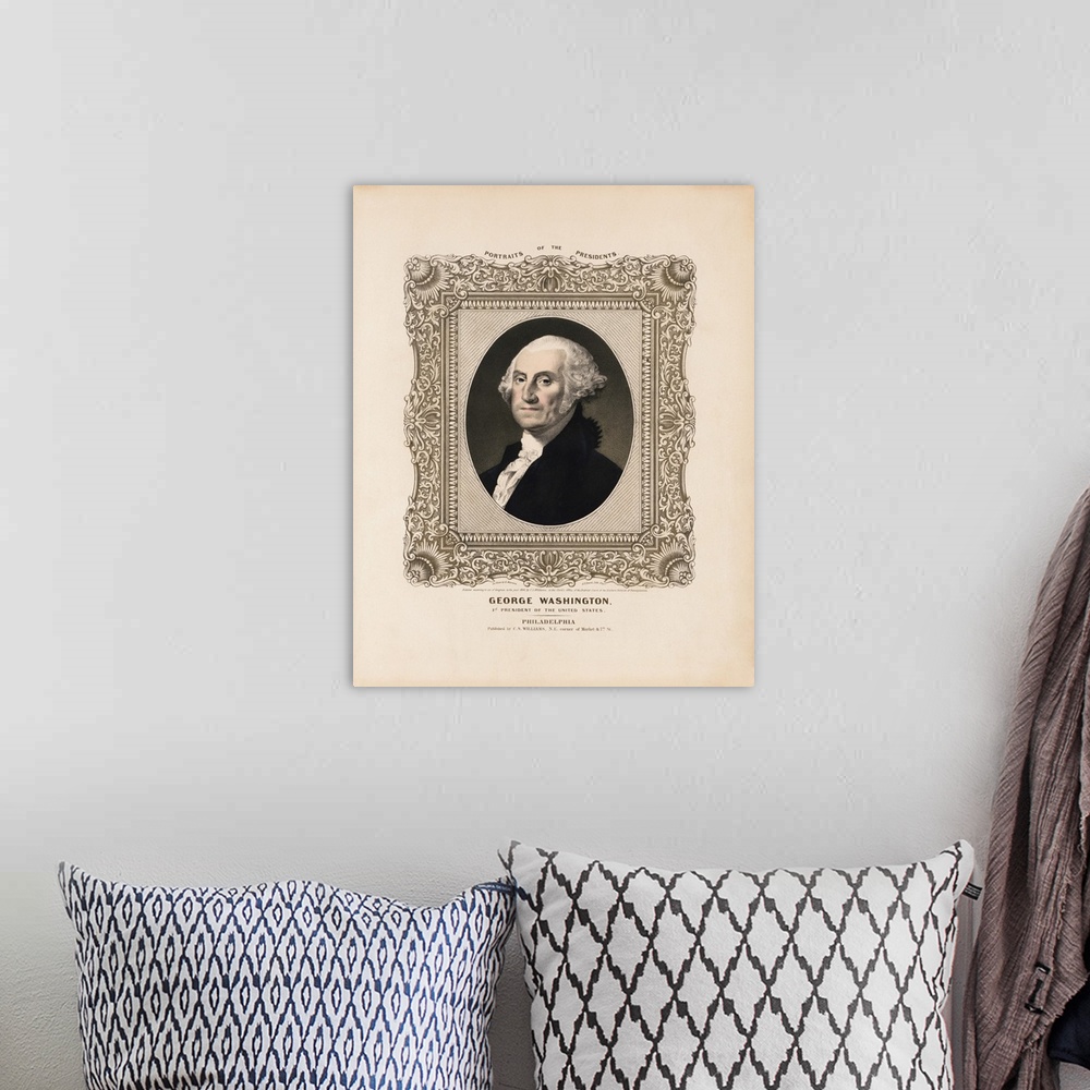 A bohemian room featuring American history print of President George Washington.