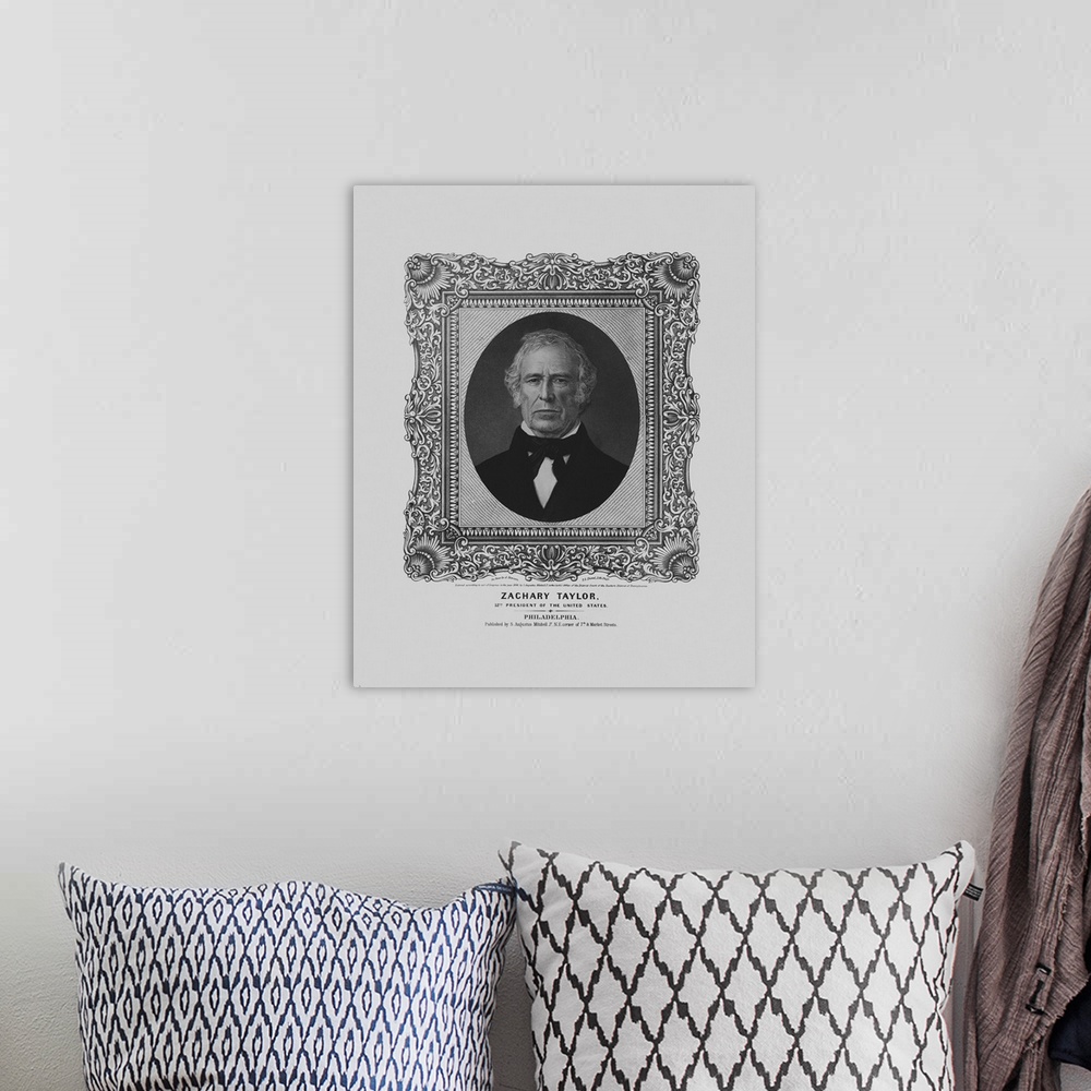 A bohemian room featuring American history print of President Zachary Taylor.