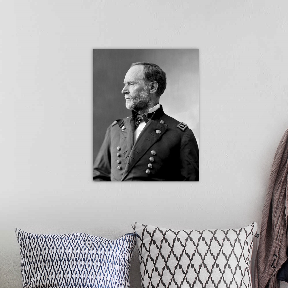 A bohemian room featuring Civil War portrait of American General William Tecumseh Sherman.