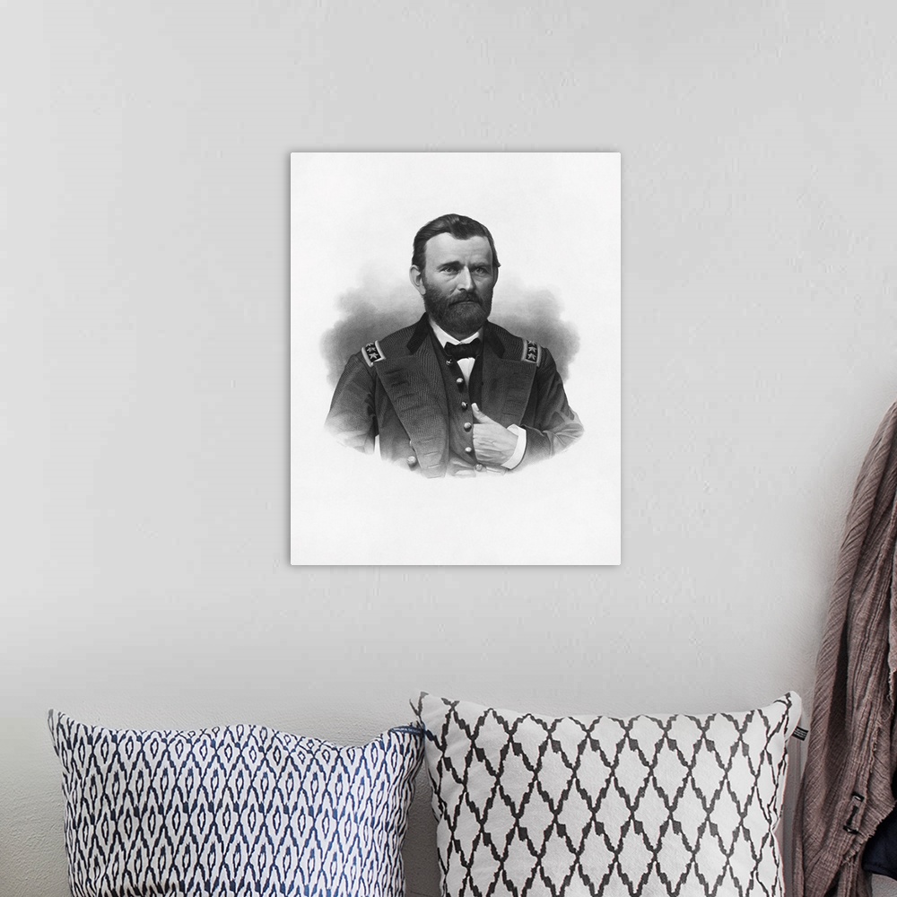 A bohemian room featuring An engraving of the 18th President of the United States, Ulysses S. Grant in his general's uniform.