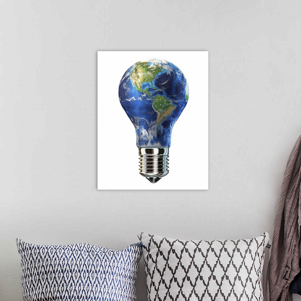 A bohemian room featuring Light bulb with planet Earth inside glass.