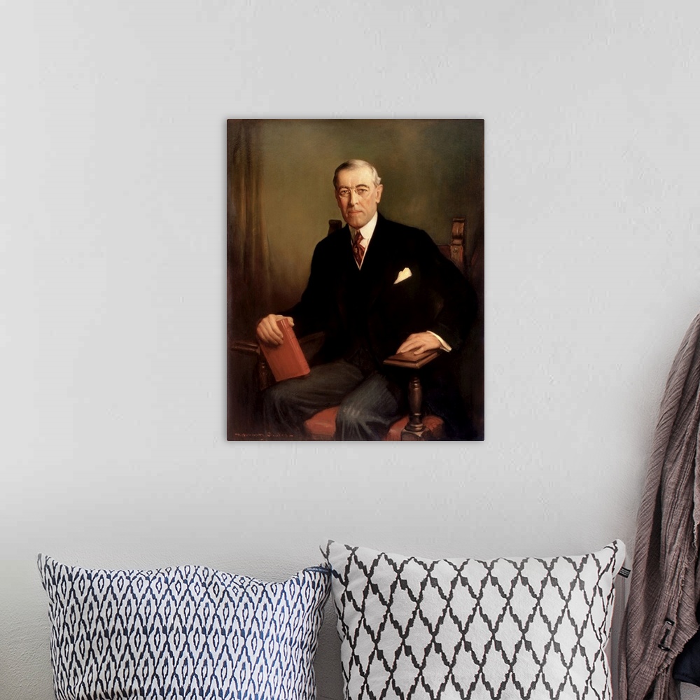 A bohemian room featuring Official Presidential oil painting portrait of Woodrow Wilson.