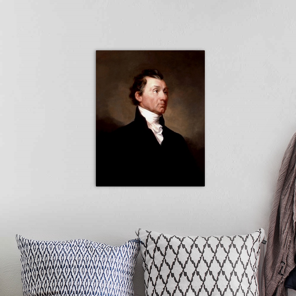 A bohemian room featuring Oil painting portrait of President James Monroe.