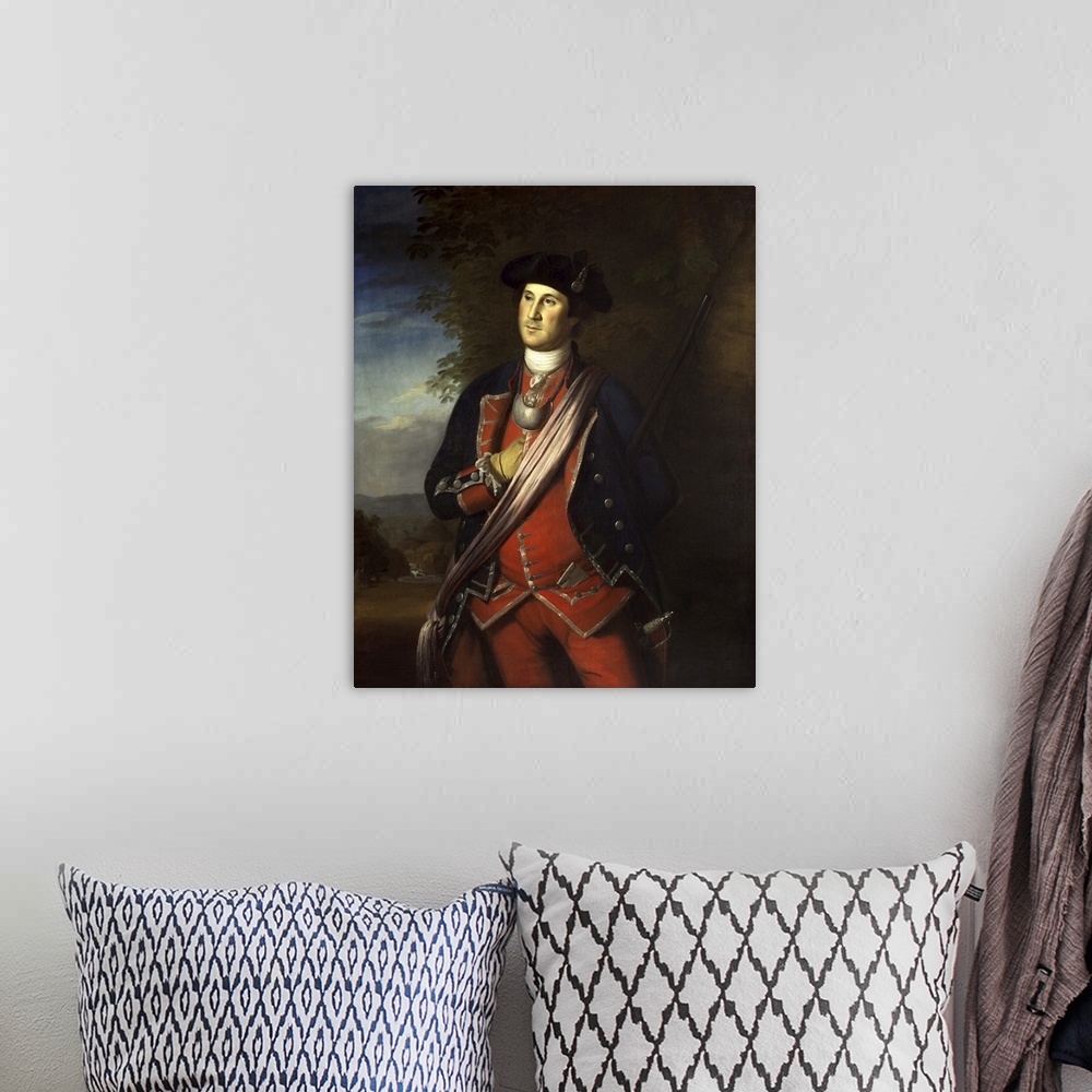 A bohemian room featuring Painting of George Washington as a Colonel during The French and Indian War.