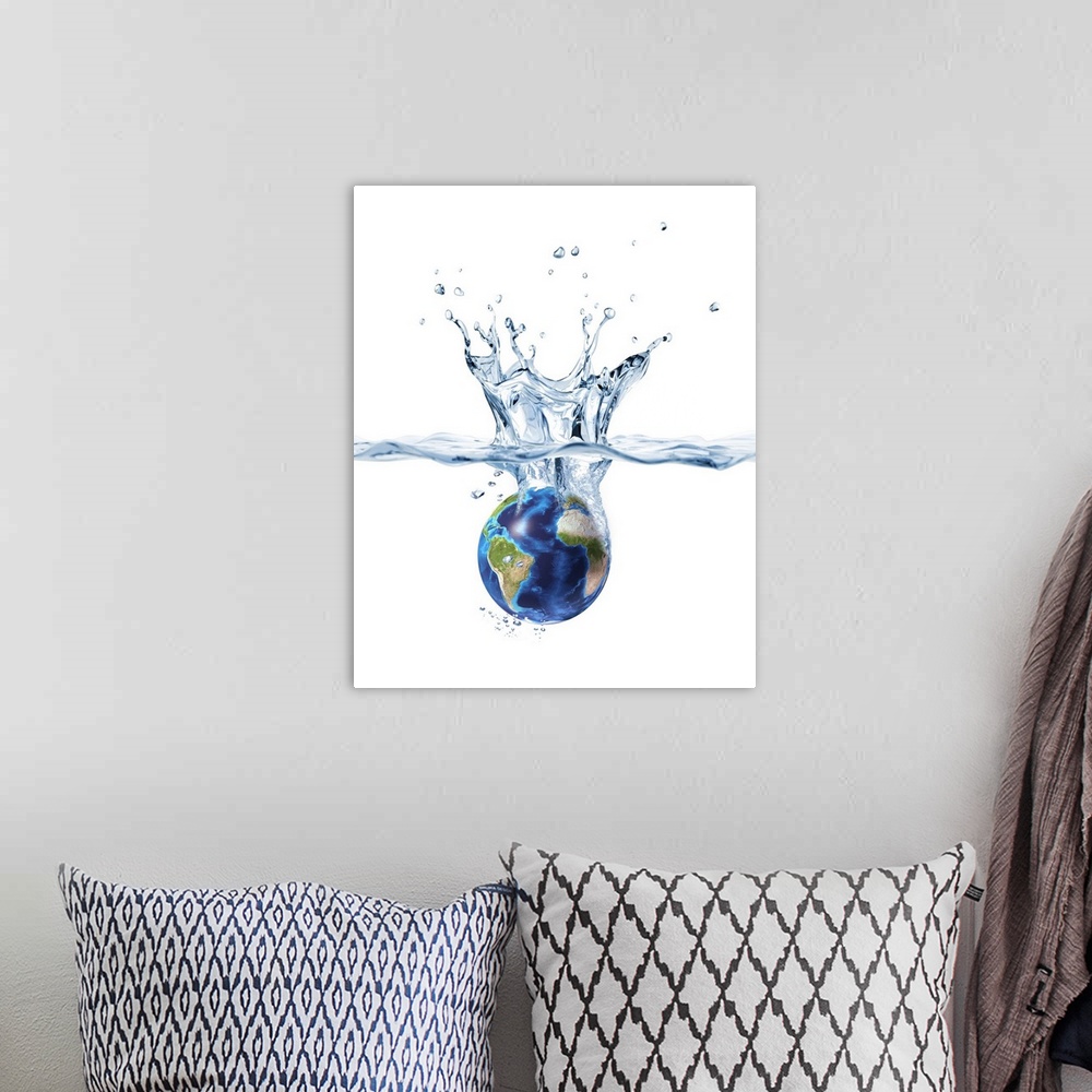A bohemian room featuring Planet Earth falling into clear water, forming a crown splash.