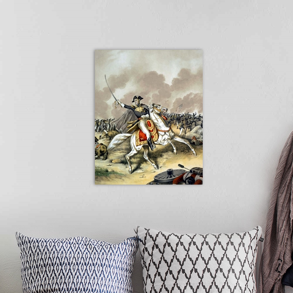 A bohemian room featuring Vintage American history print of General Andrew Jackson, on horseback, leading troops during the...