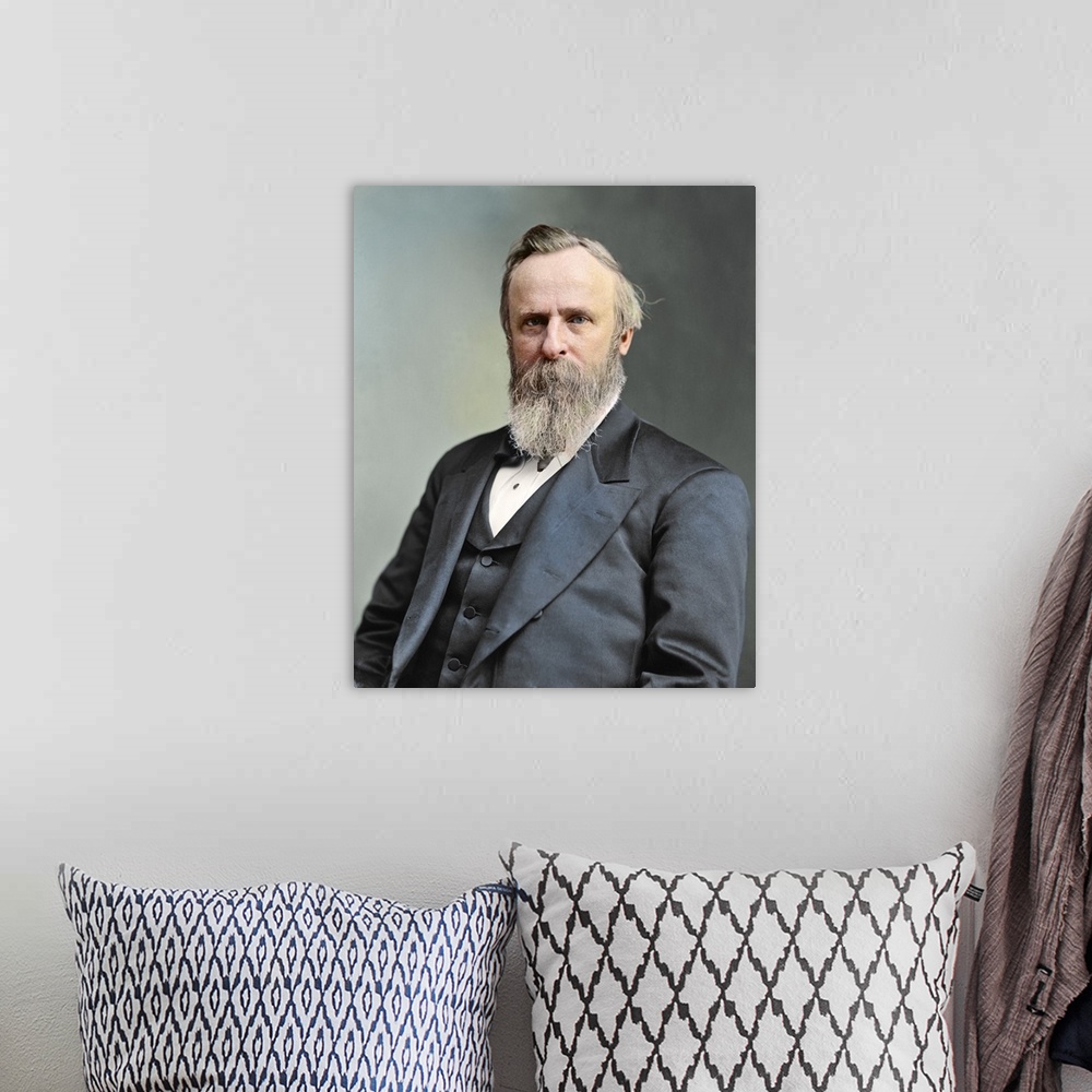 A bohemian room featuring Vintage portrait of President Rutherford B. Hayes.