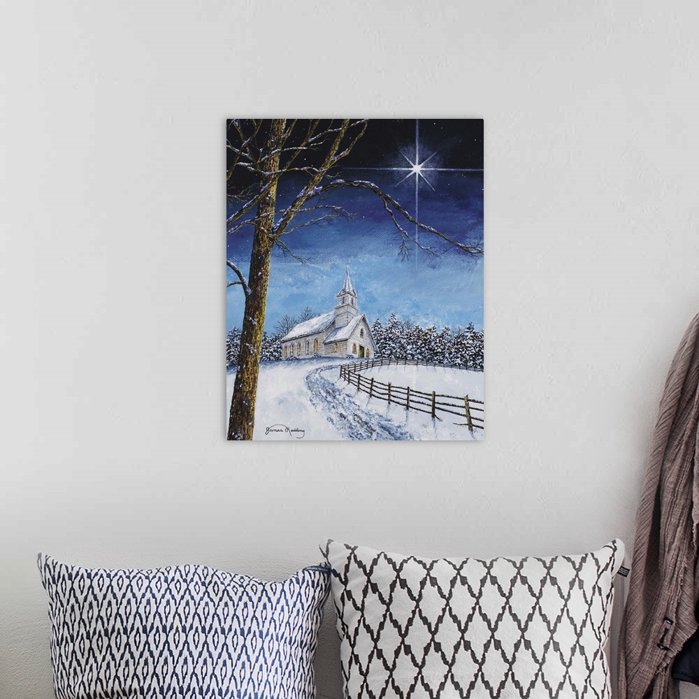 A bohemian room featuring A contemporary painting of a white church on top of a snowy hill with a bright, white, shining st...