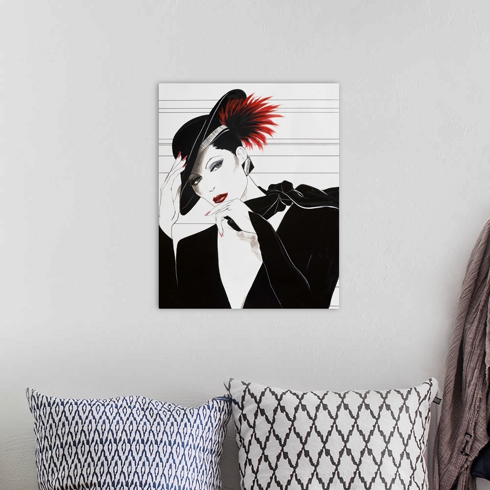 A bohemian room featuring Fashion artwork of a woman wearing all black and black hat with a bright red feather in it.