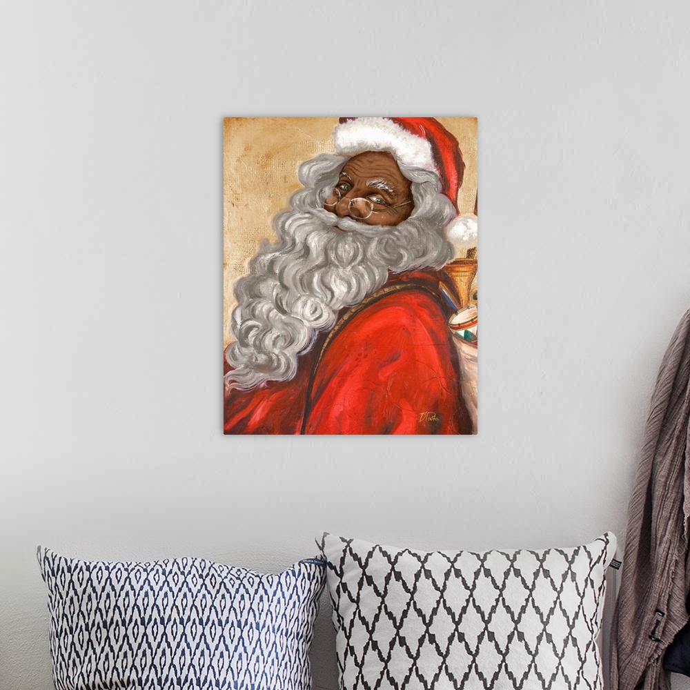 A bohemian room featuring Portrait of a smiling Santa Claus with a long beard carrying a bag of presents.