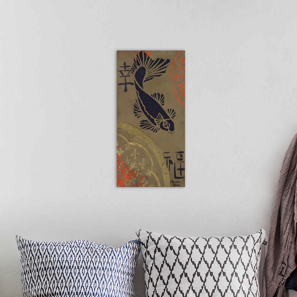 A bohemian room featuring Vertical painting on canvas of the silhouette of a koi fish and other various shapes and patterns...