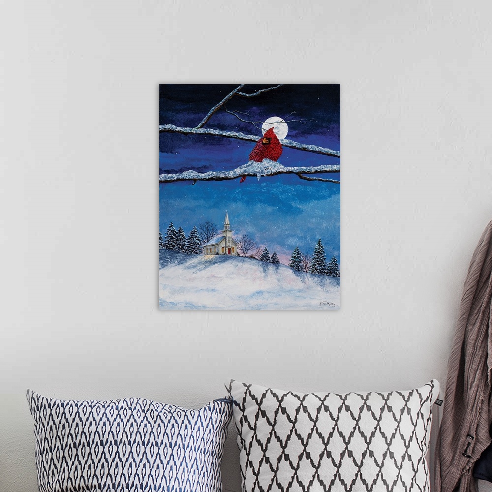 A bohemian room featuring A contemporary painting of a cardinal sitting on a snowy tree branch with a white church in the b...