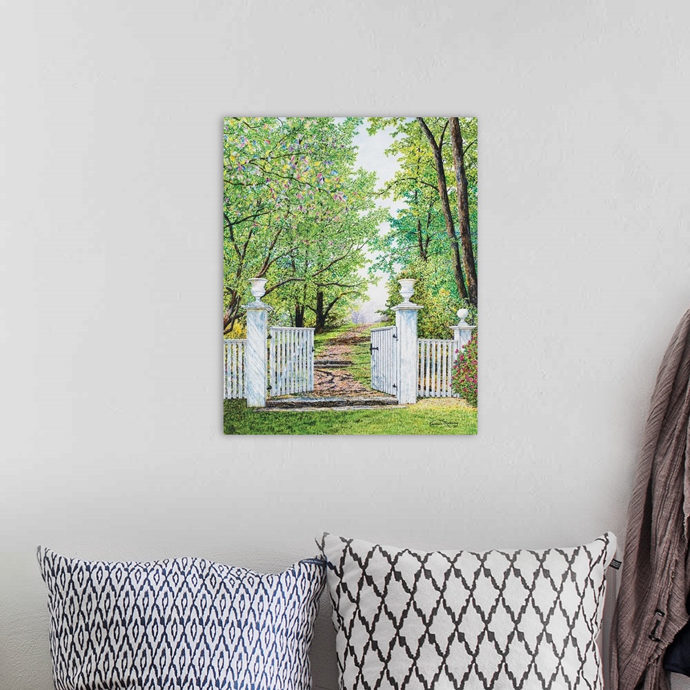 A bohemian room featuring A contemporary painting of a white gate leading to a path lined with green trees.