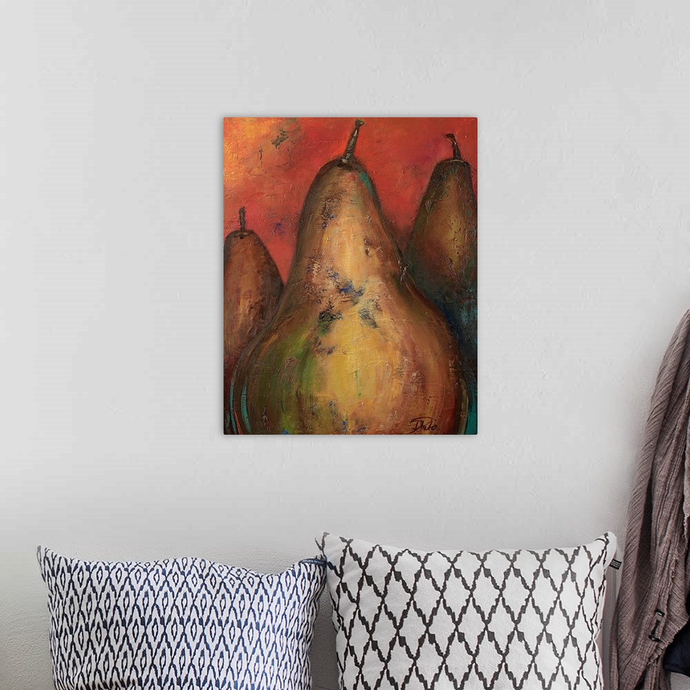 A bohemian room featuring Painting of three pears on a warm background with a  brush stroke texture over top.