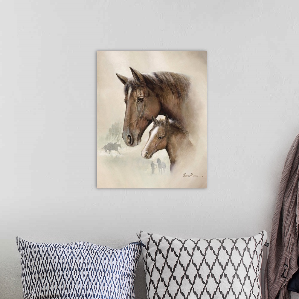 A bohemian room featuring Painted portrait of a brown mare and her young foal.