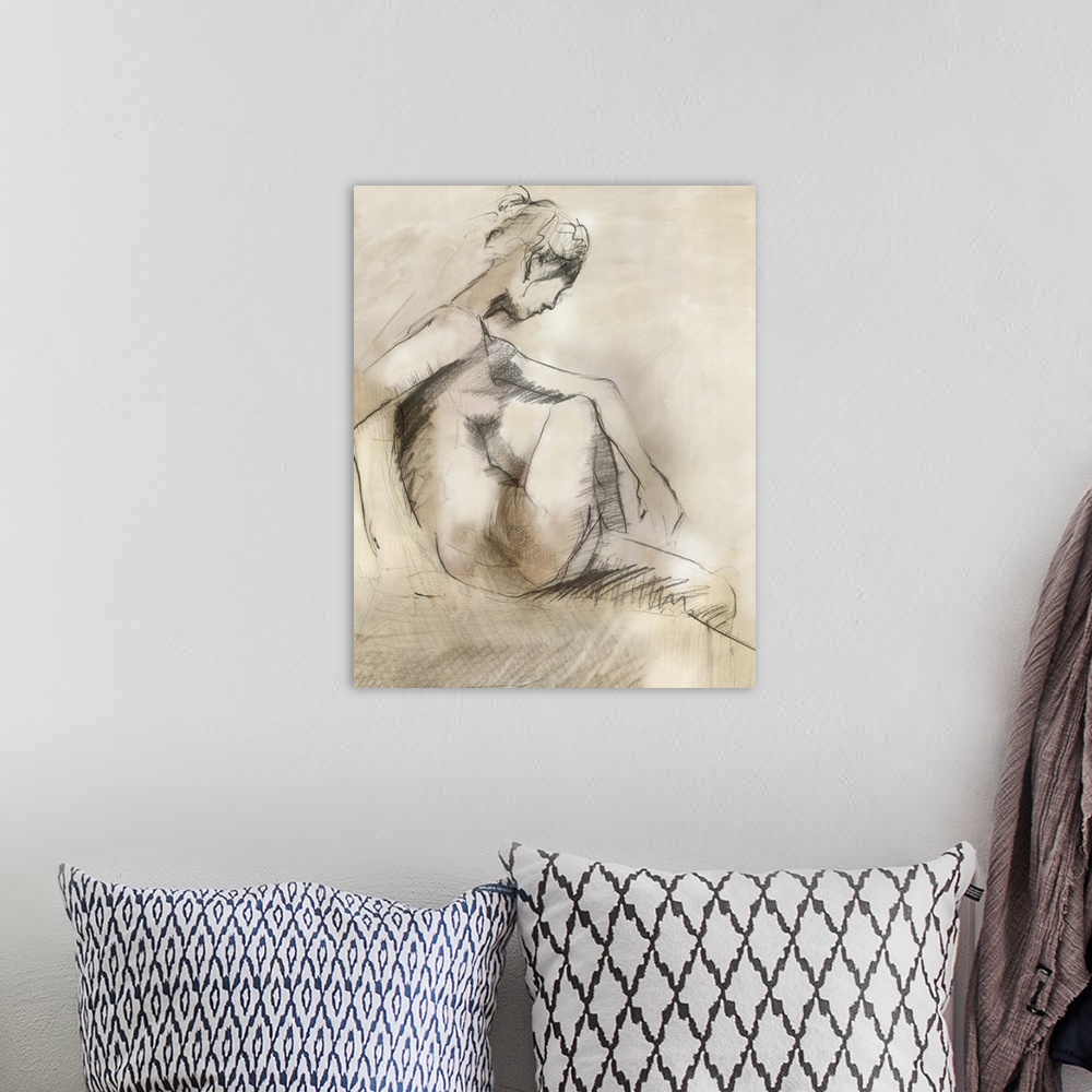 A bohemian room featuring Contemporary drawing of a female nude profile, in a seated position.
