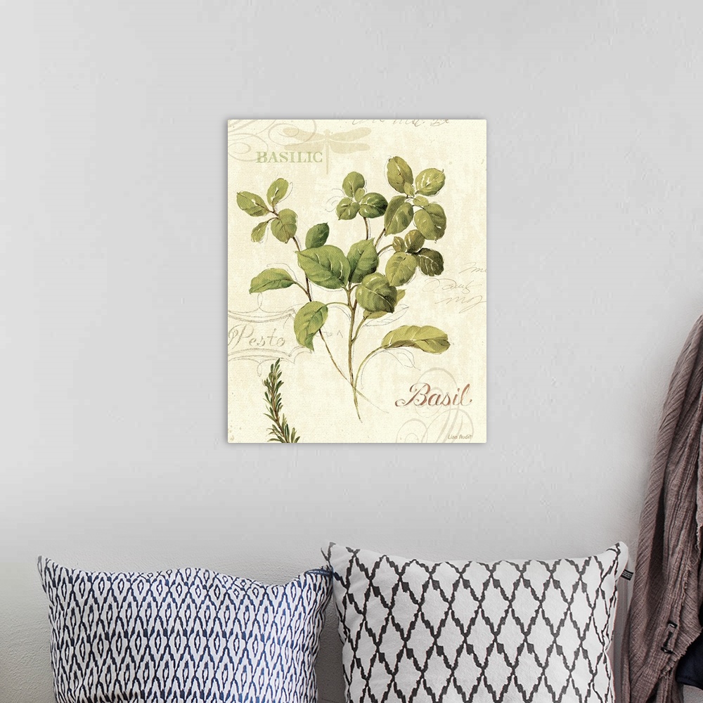 A bohemian room featuring Watercolor print of a few sprigs of a basil herb on a background decorated with text and flourishes.