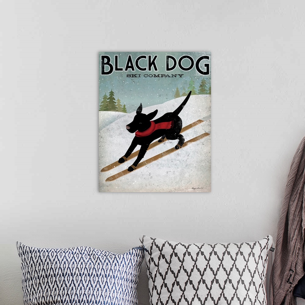 A bohemian room featuring Giant advertisement art displays a canine wearing a scarf skiing down a snow covered mountain whi...