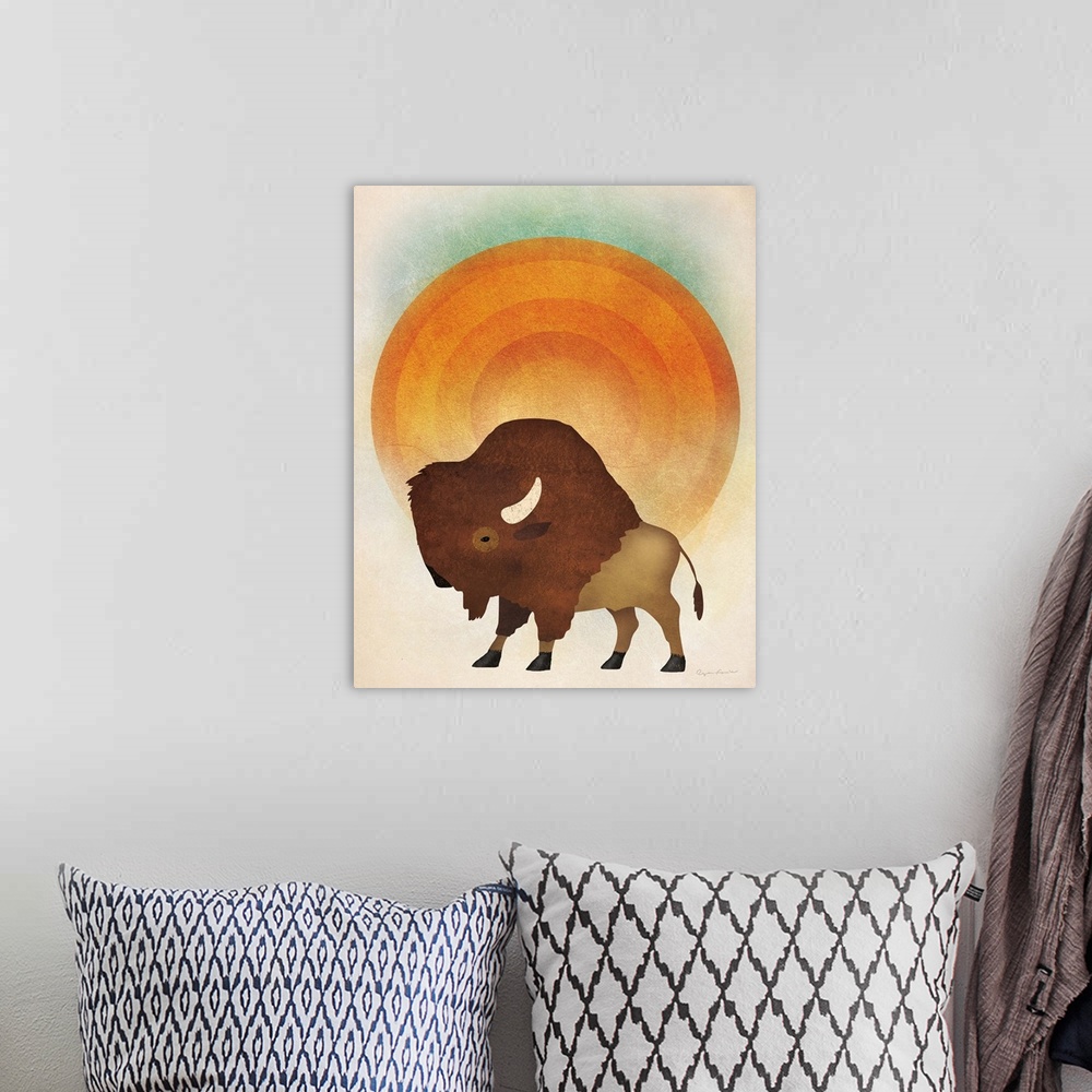A bohemian room featuring Illustration of a bison in front of a giant orange sun.