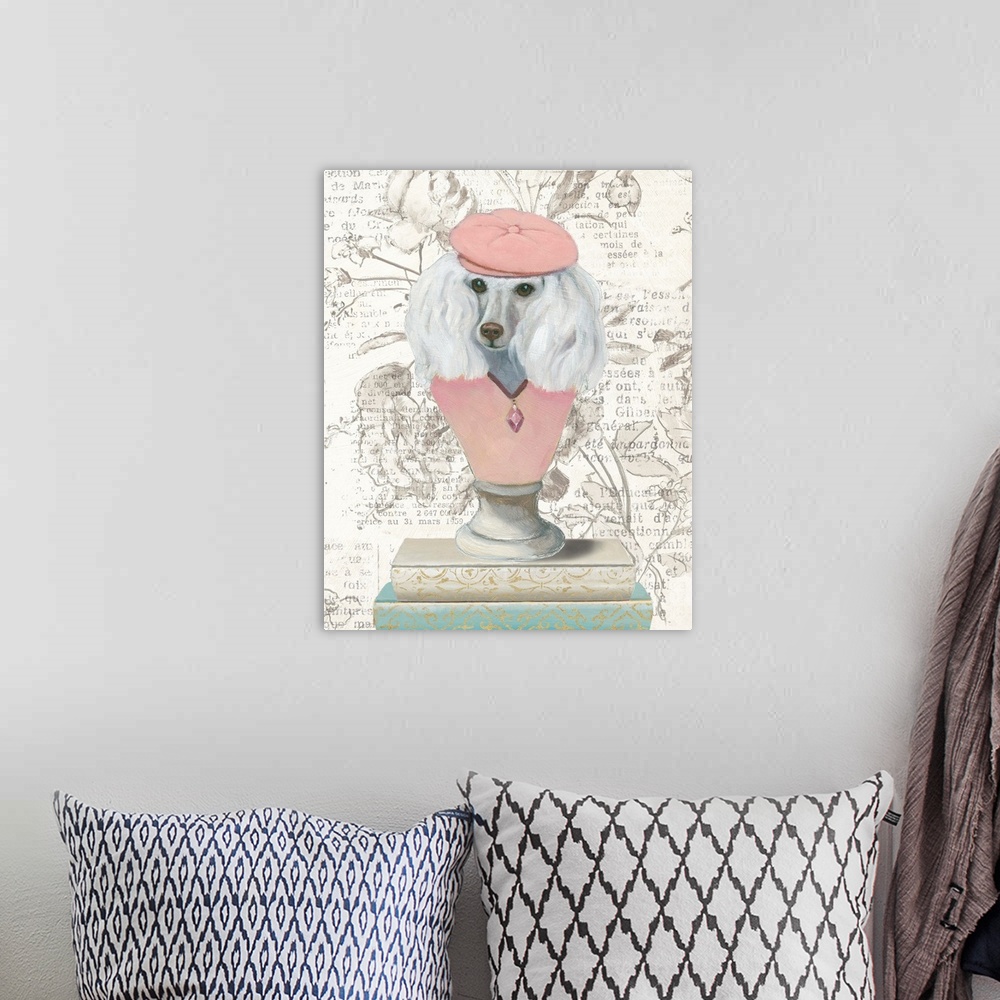 A bohemian room featuring Humorous artwork of a bust of a poodle wearing a pink hat and sweater sitting on a stack of books...