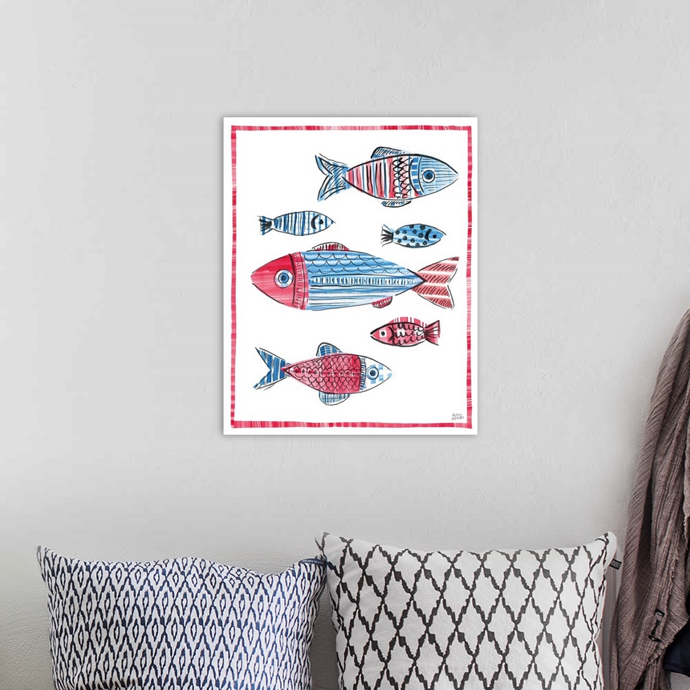 A bohemian room featuring A decorative design of fish in red and blue on a white background with a red border.
