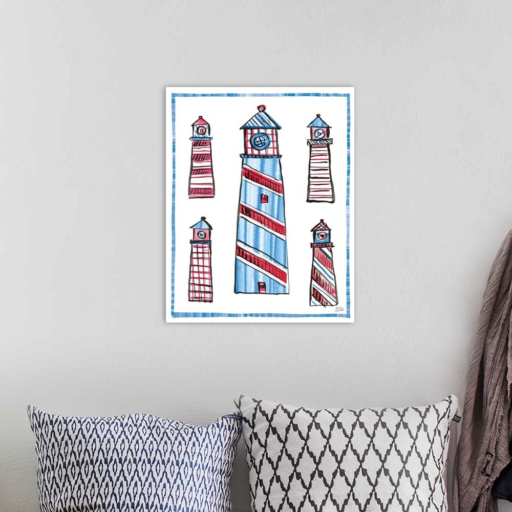 A bohemian room featuring A decorative design of lighthouses in red and blue on a white background with a blue border.