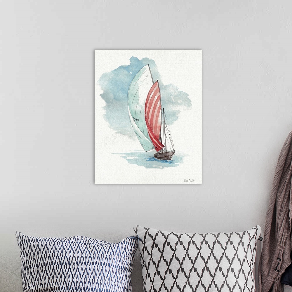 A bohemian room featuring Contemporary artwork of a sailboat with a red and white sail.