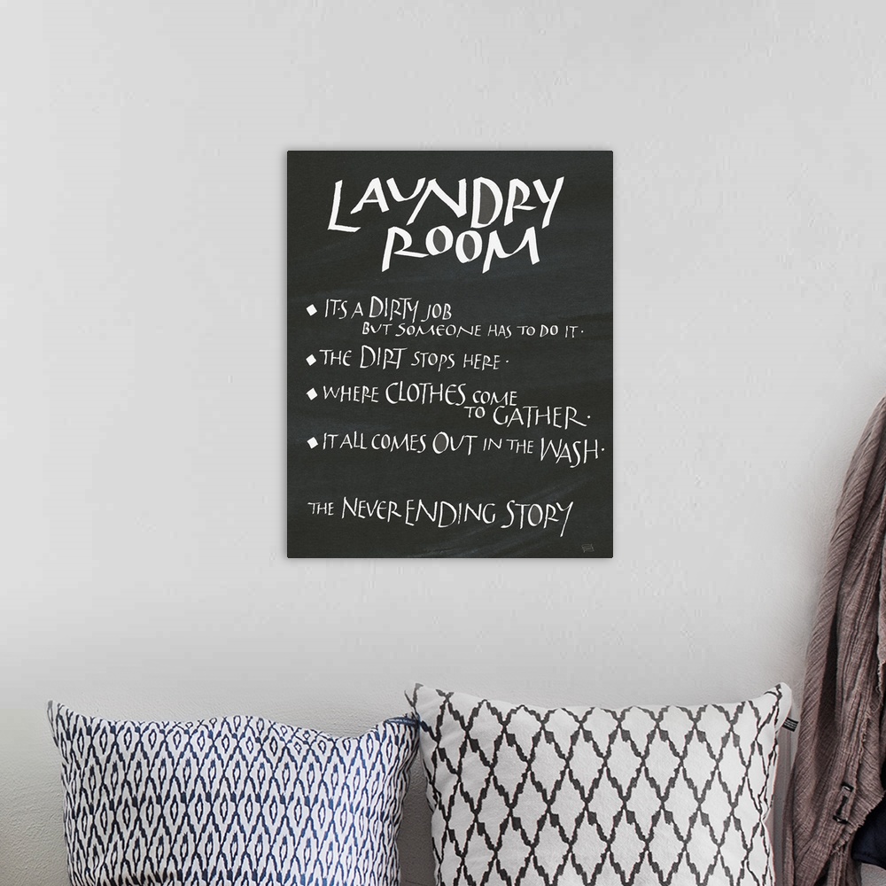 A bohemian room featuring A funny "Laundry Room" design on a chalkboard backdrop.