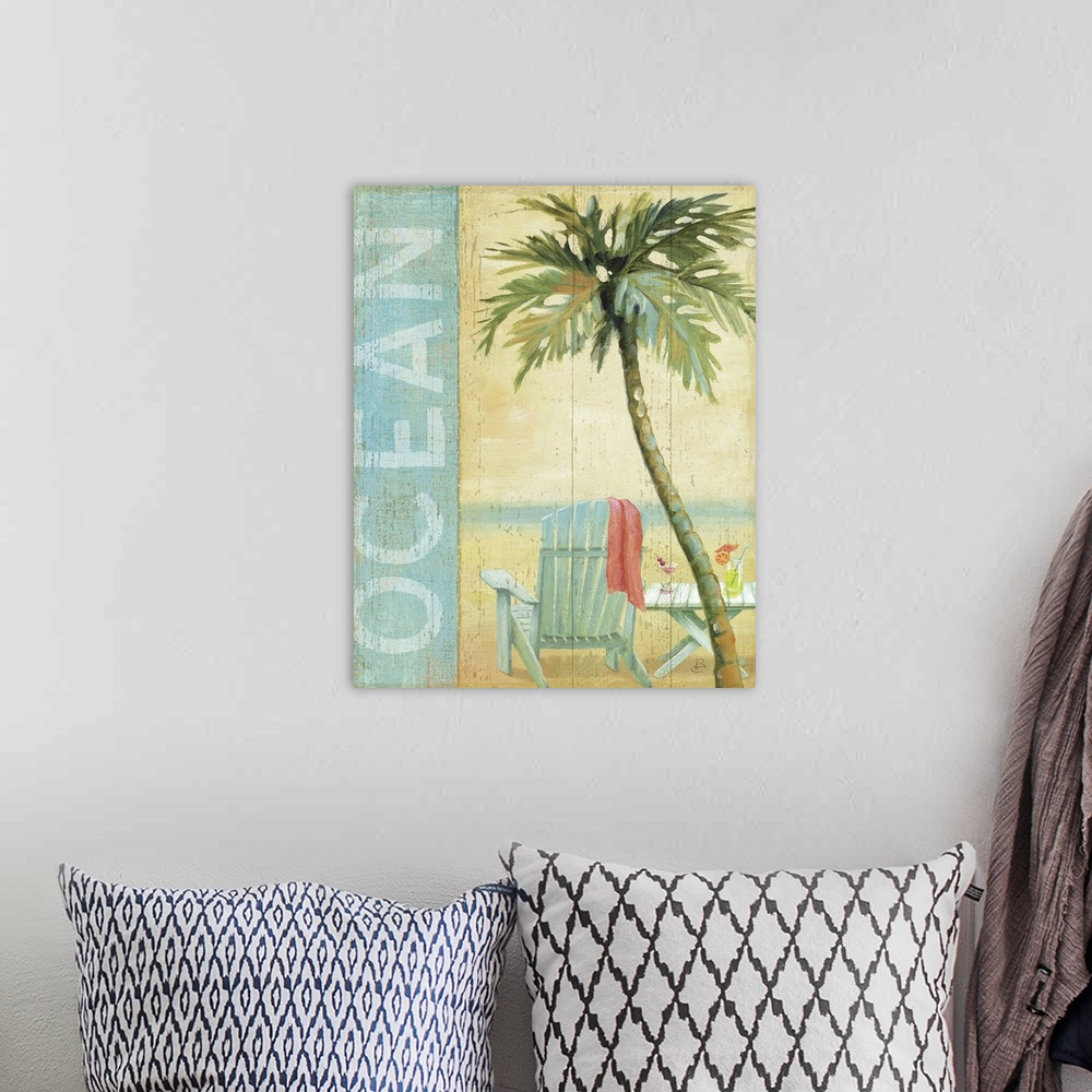 A bohemian room featuring Artwork of beach chair and table on the shoreline with a palm tree in the foreground.  The text "...