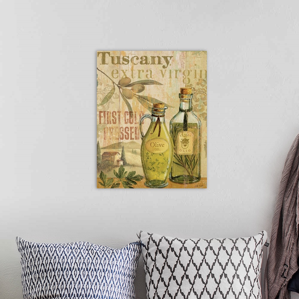 A bohemian room featuring Kitchen wall art drawing of two bottles of olive oil with the rolling hills and a house in Tuscan...