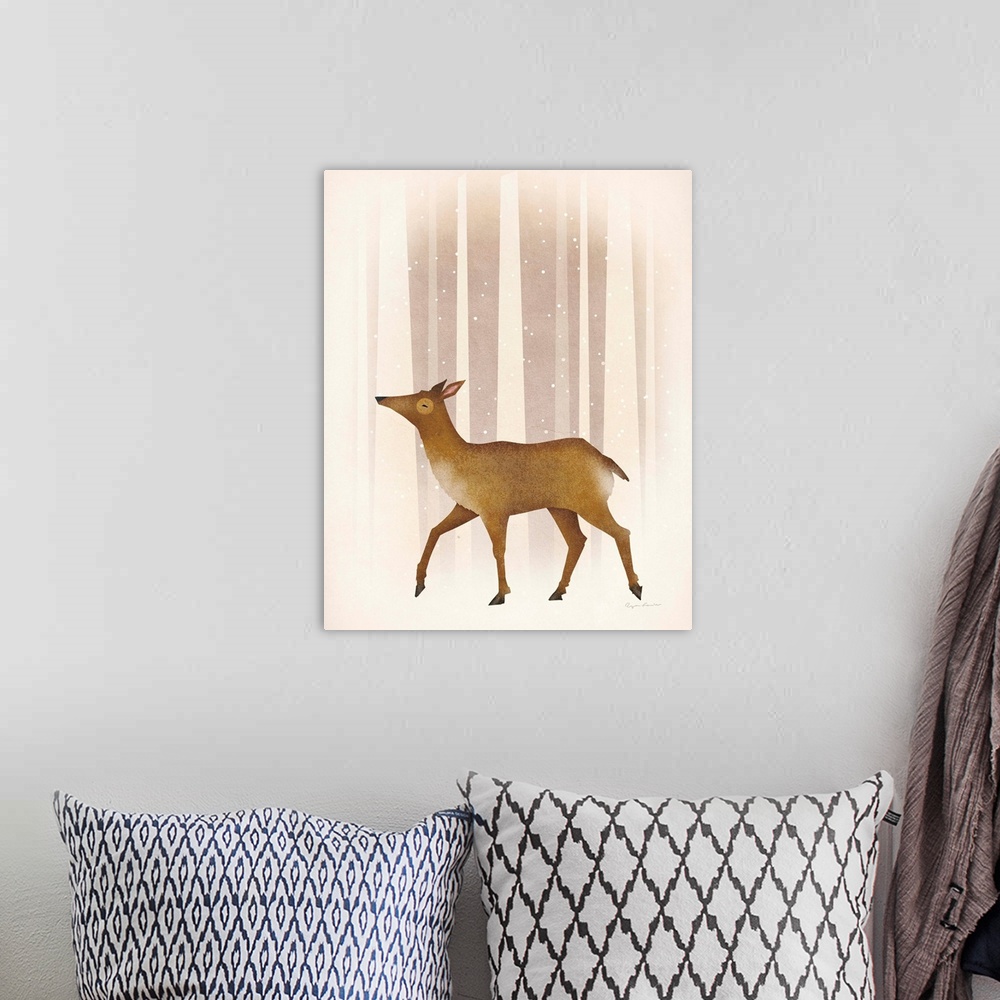 A bohemian room featuring Illustration of a doe walking through snowy woods.