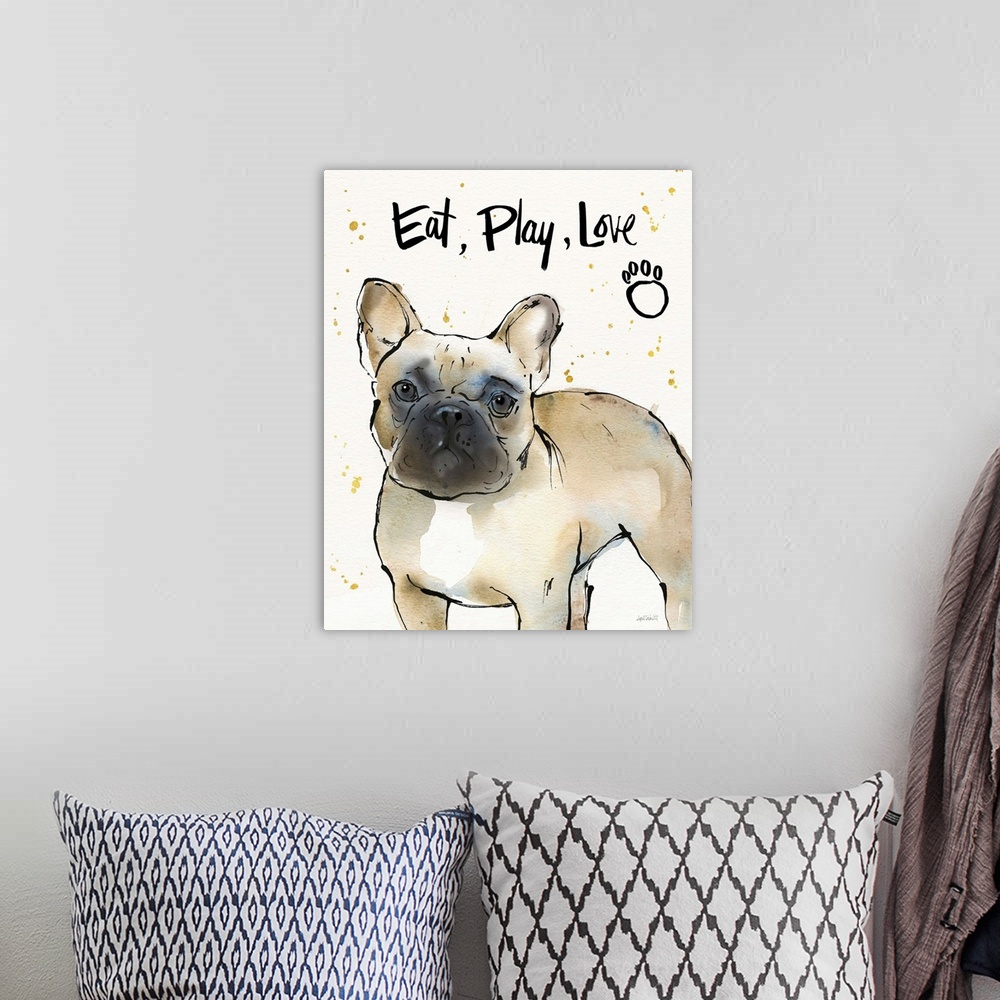 A bohemian room featuring "Eat, Play, Love" watercolor painting of a French Bulldog.
