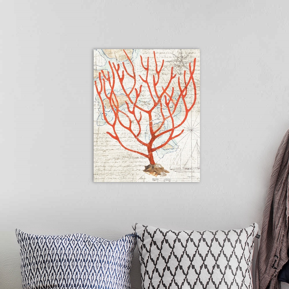 A bohemian room featuring Vintage stylized illustration of red coral against a vintage map background.