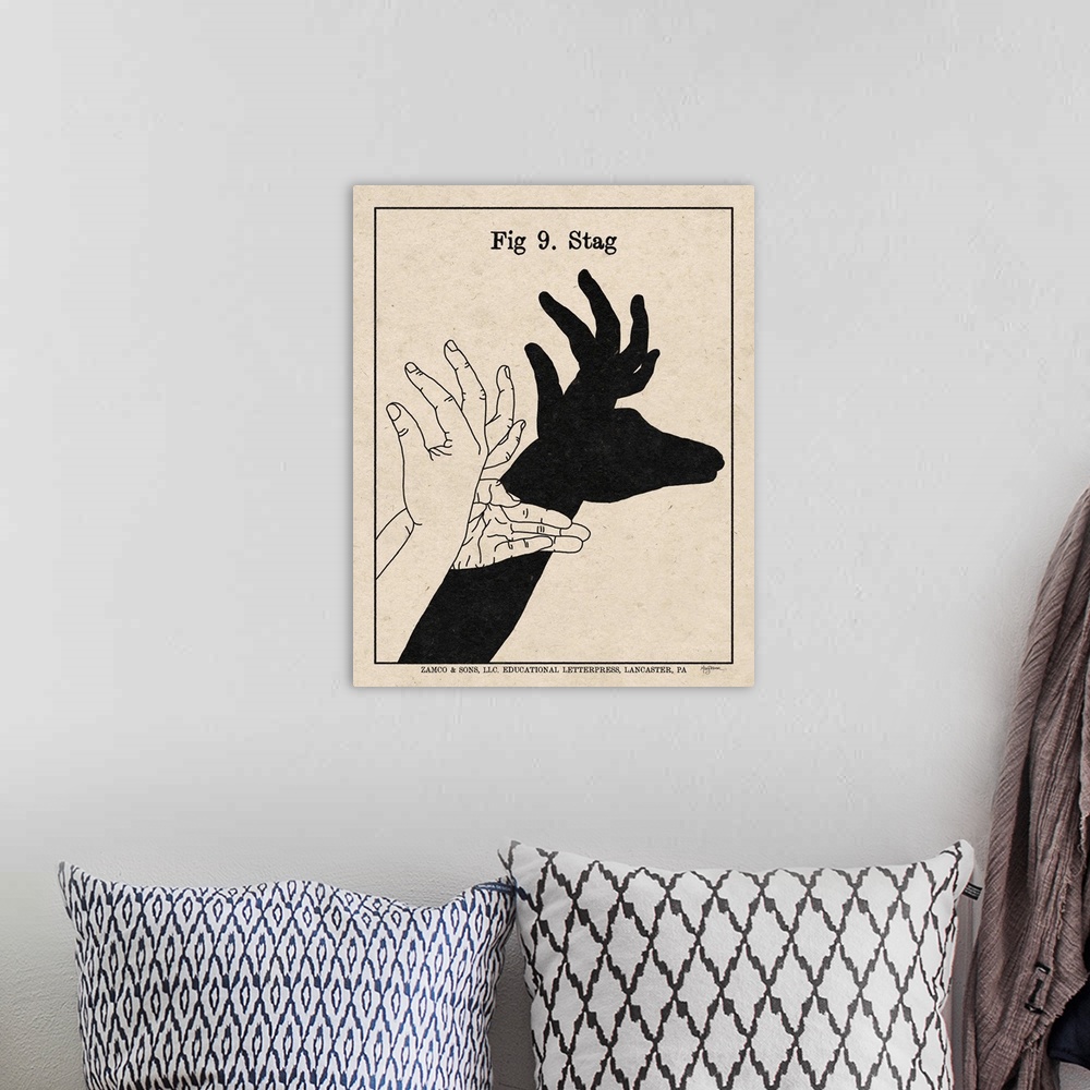 A bohemian room featuring Instructional illustration of a stag hand shadow puppet.