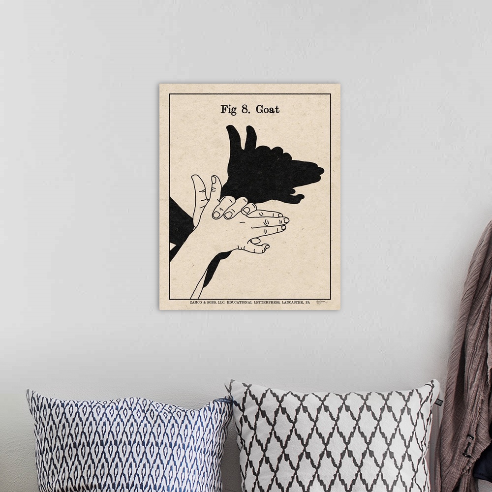 A bohemian room featuring Instructional illustration of a goat hand shadow puppet.