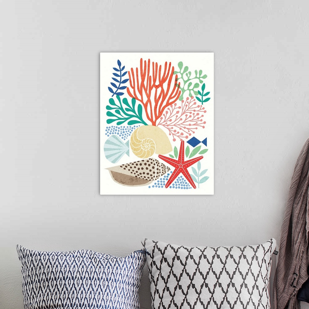 A bohemian room featuring Beach themed illustration with seashells, coral, starfish, and various saltwater plants.