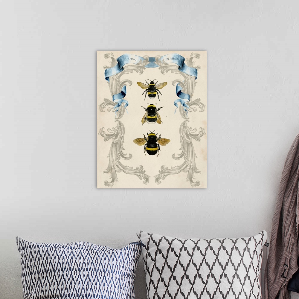 A bohemian room featuring Vintage illustration of three bees framed with blue ribbons and floral embellishments.