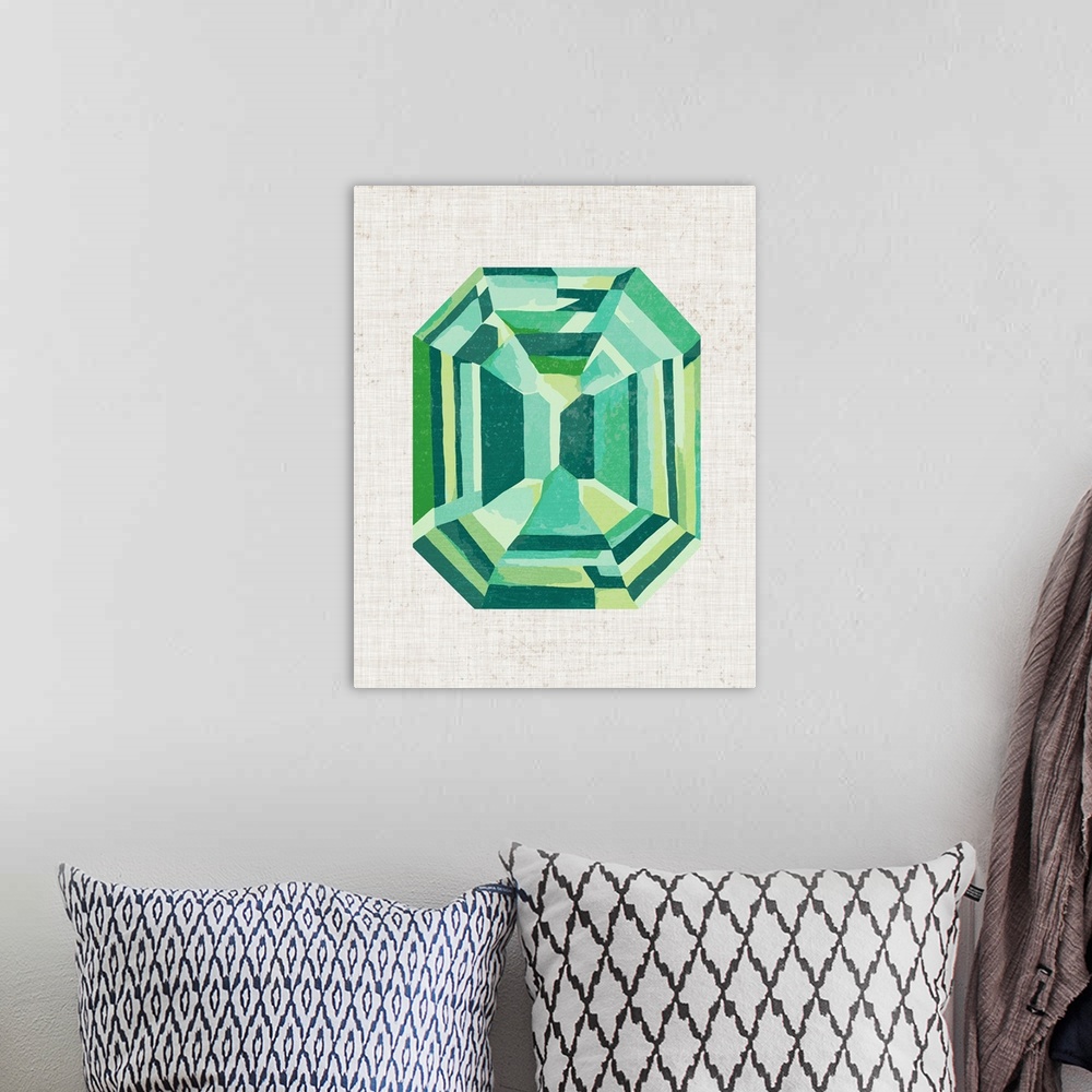 A bohemian room featuring Gemstone painting with geometric facets in shades of green.