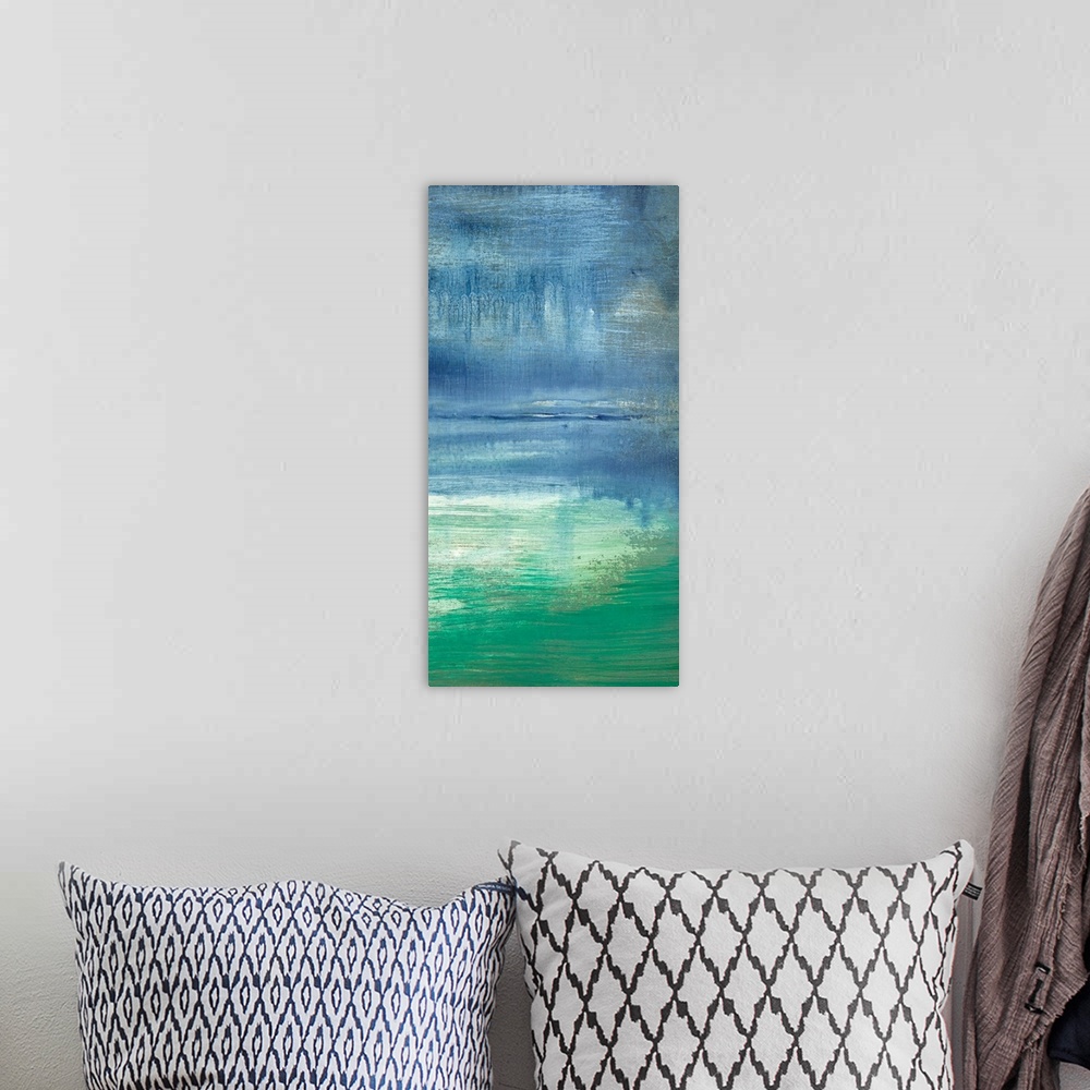 A bohemian room featuring Vertical abstract painting of a turquoise bay with a hazy sky and pastel water, with the subtle r...