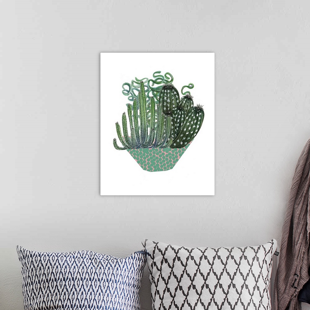 A bohemian room featuring Illustration of an arrangement of cactus and succulent plants in a dotted bowl.