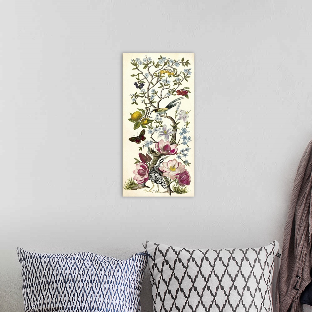 A bohemian room featuring Vintage style artwork of a tree with flowering branches and butterflies.