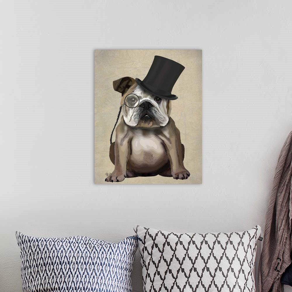 A bohemian room featuring A sharp-dressed bulldog wearing a monocle and top hat.