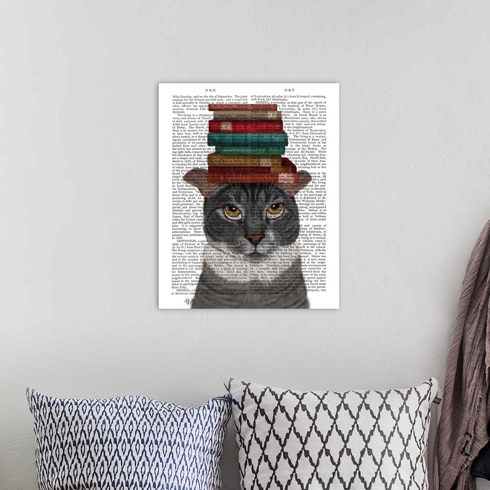 A bohemian room featuring Grey Cat with Books on Head
