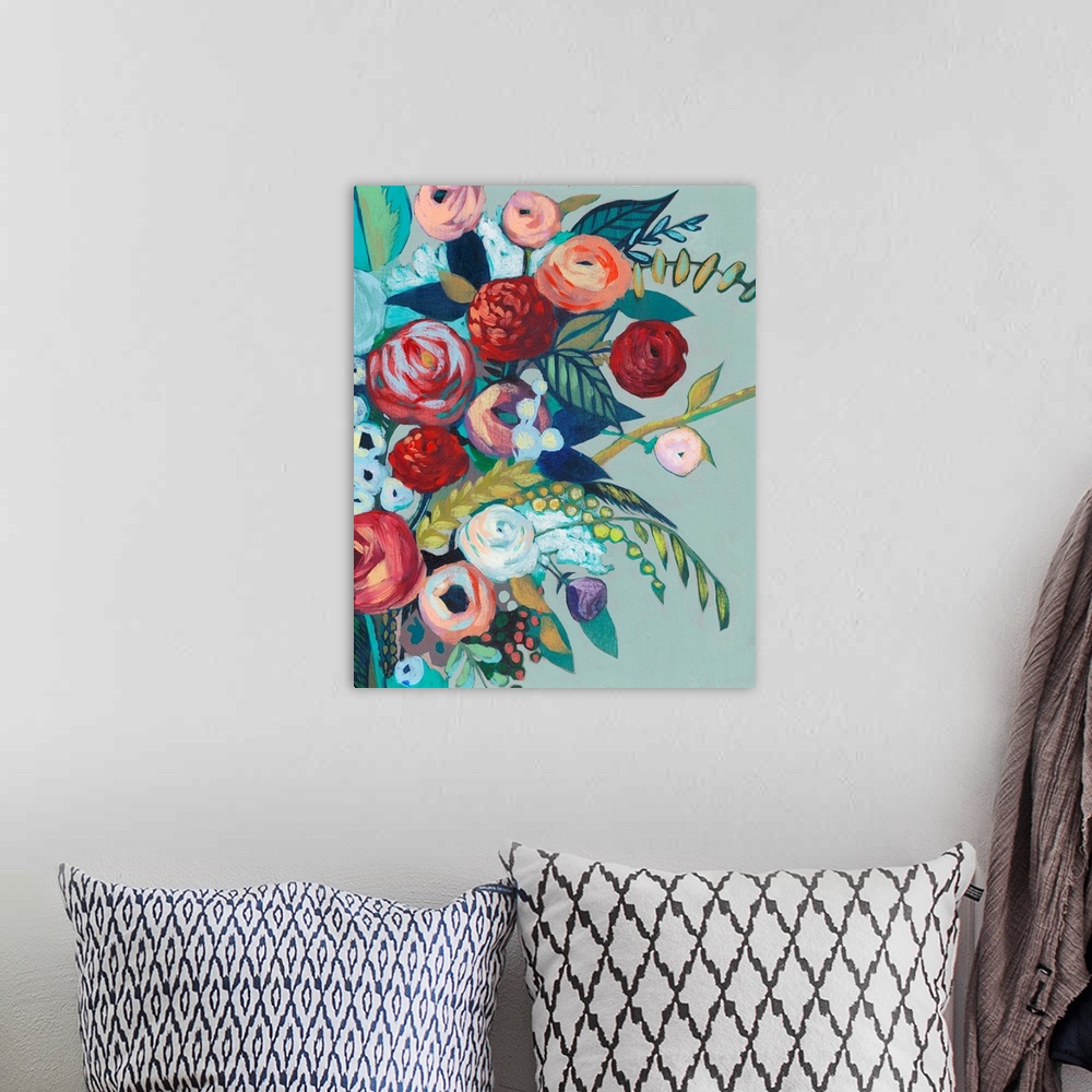 A bohemian room featuring Painting of a colorful bouquet of flowers.