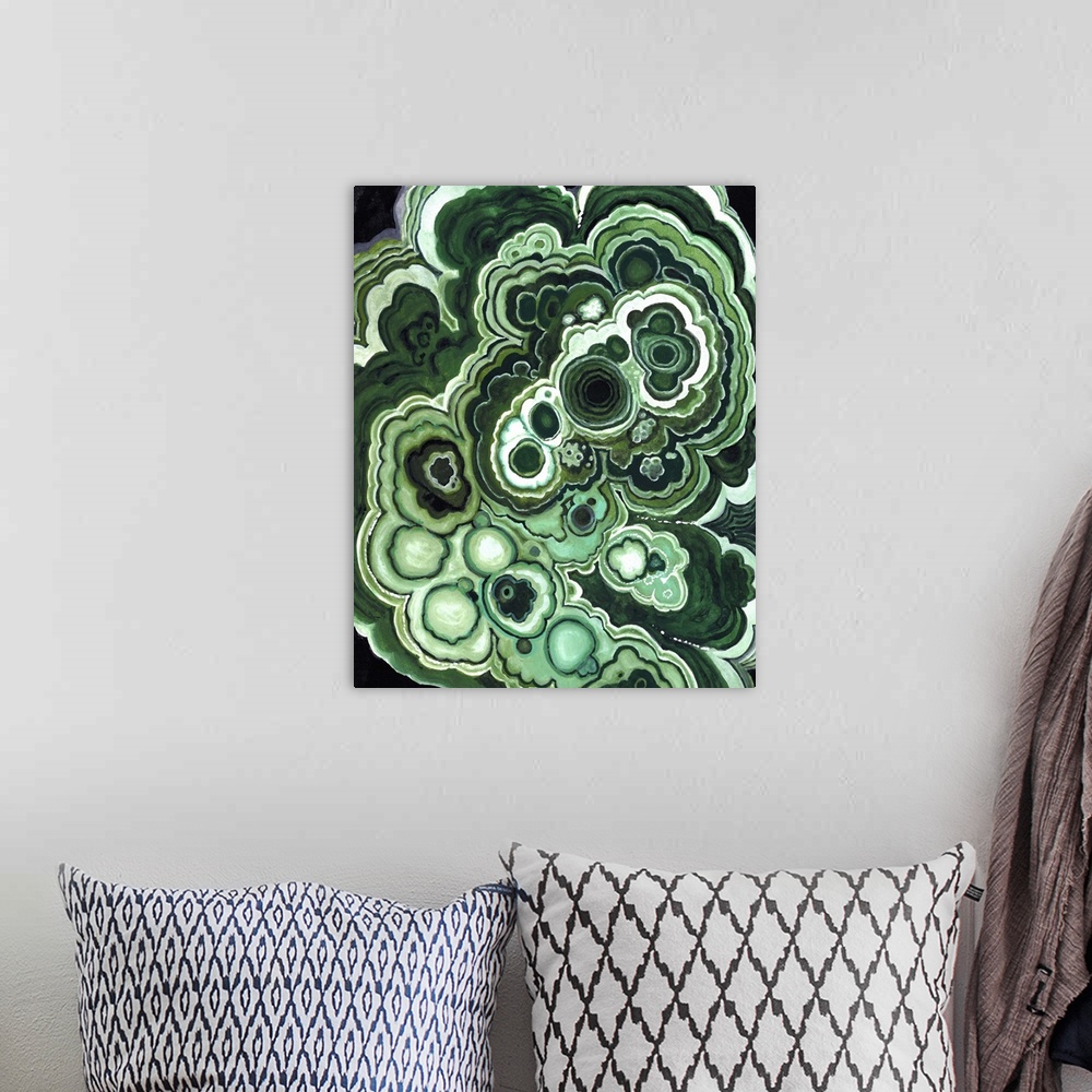 A bohemian room featuring Abstract painting in bubbling green concentric shapes, resembling a polished malachite gemstone.